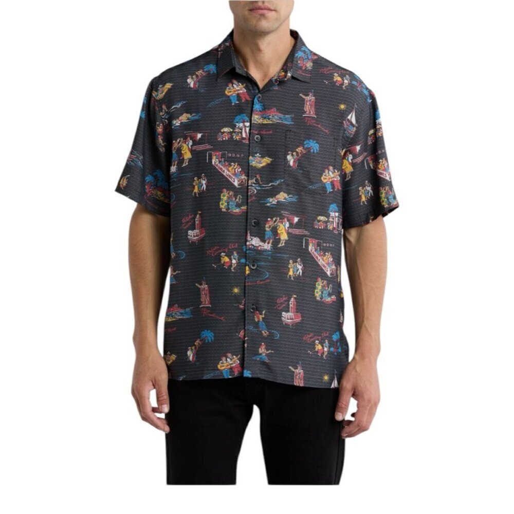 Kahala Mens Black Hawaiian Colorful Print Short Sleeve Button Up Shirt Sz M New